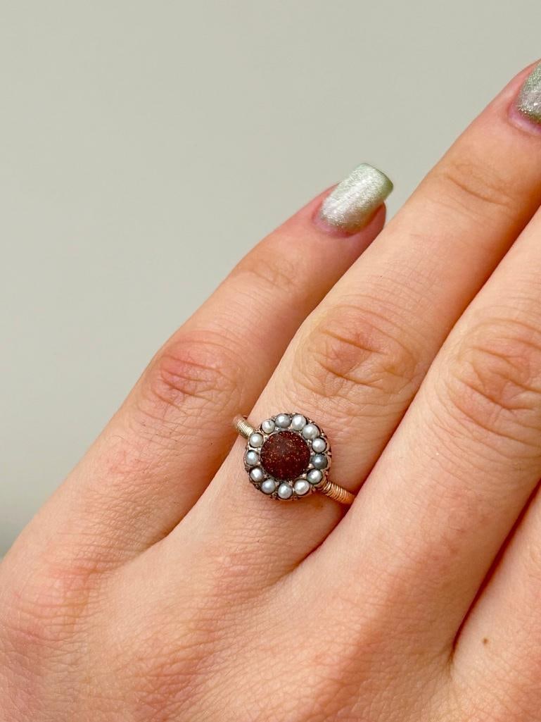 Antique 9ct Gold Goldstone and Pearl Ring - 2
