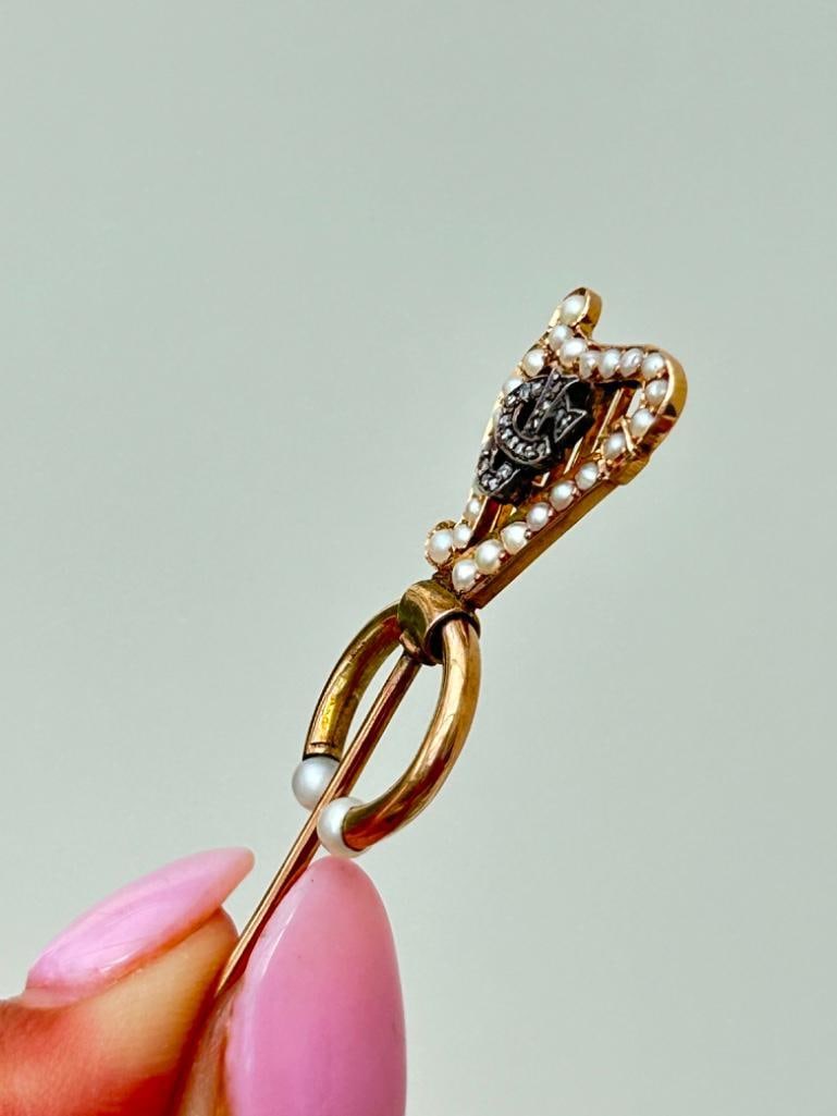 Antique Rose Cut Diamond and Pearl Lyre Stick Pin in Gold - 5