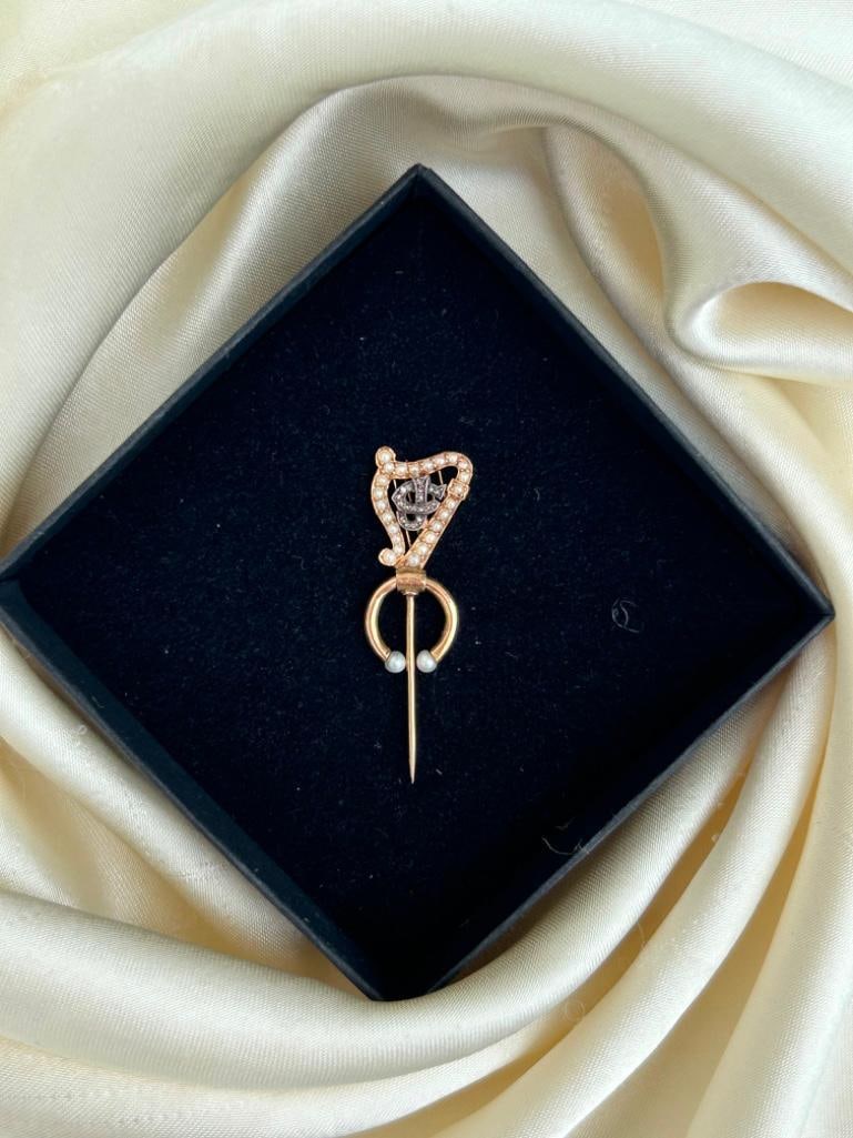 Antique Rose Cut Diamond and Pearl Lyre Stick Pin in Gold - 6