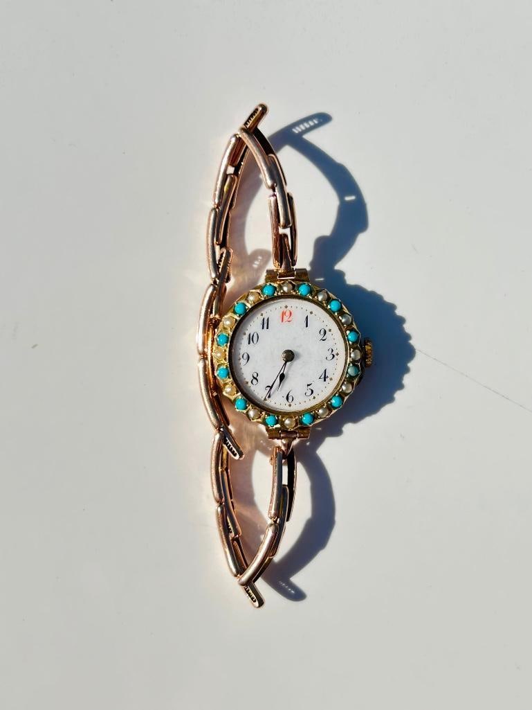 *Antique 9ct Gold Red 12 Watch and Bracelet with Turquoise and Pearl Dial Surround - 11