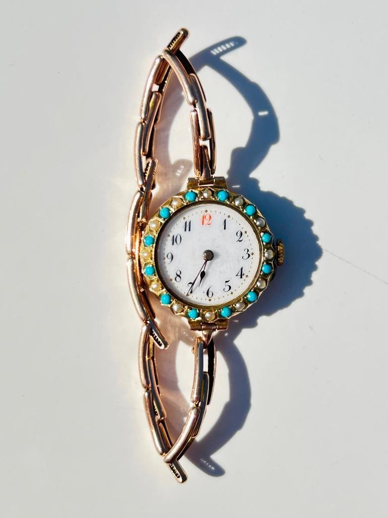 *Antique 9ct Gold Red 12 Watch and Bracelet with Turquoise and Pearl Dial Surround - 12