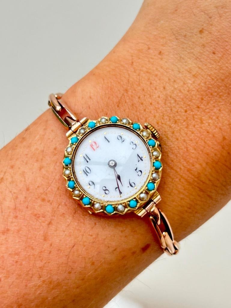 *Antique 9ct Gold Red 12 Watch and Bracelet with Turquoise and Pearl Dial Surround - 2