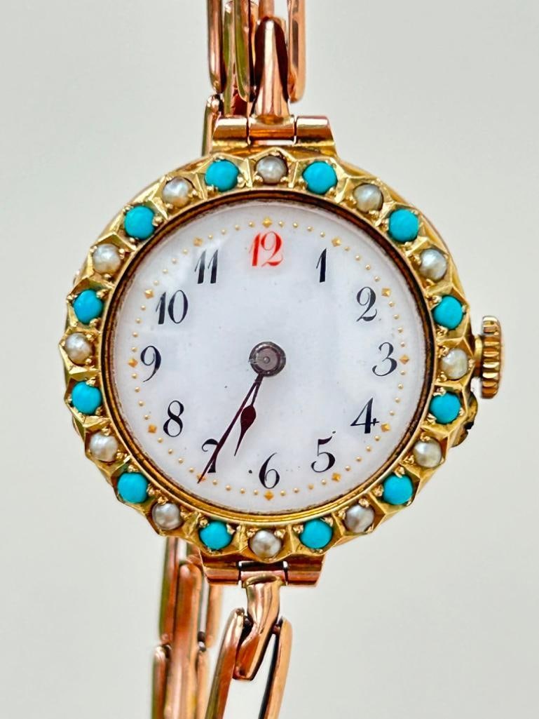 *Antique 9ct Gold Red 12 Watch and Bracelet with Turquoise and Pearl Dial Surround - 3