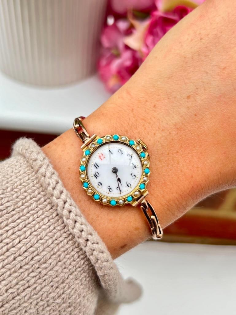 *Antique 9ct Gold Red 12 Watch and Bracelet with Turquoise and Pearl Dial Surround - 4
