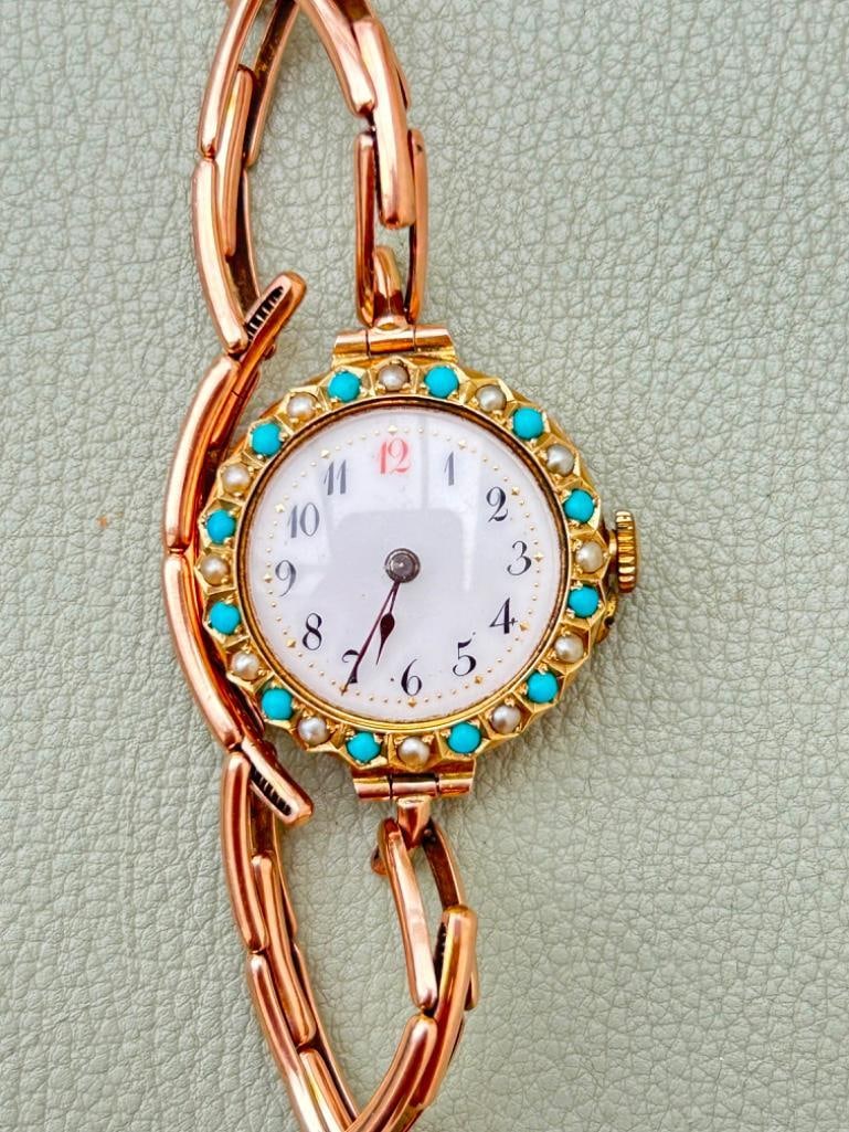 *Antique 9ct Gold Red 12 Watch and Bracelet with Turquoise and Pearl Dial Surround - 5