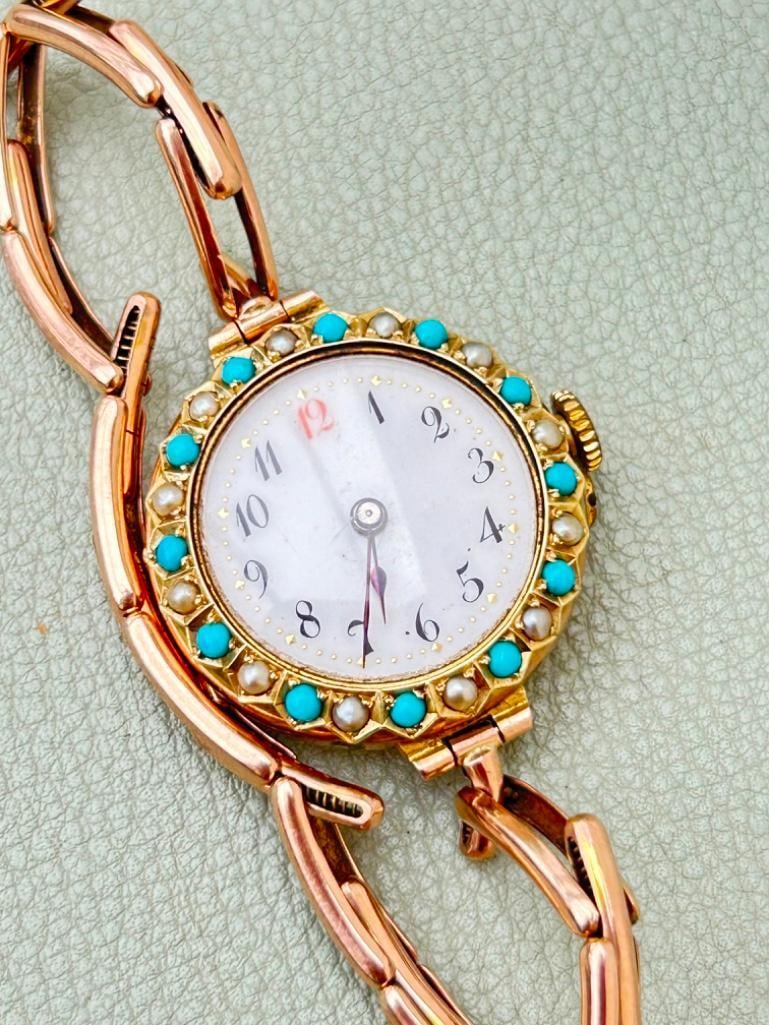 *Antique 9ct Gold Red 12 Watch and Bracelet with Turquoise and Pearl Dial Surround - 6