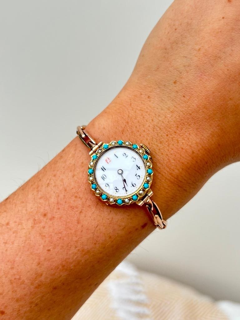 *Antique 9ct Gold Red 12 Watch and Bracelet with Turquoise and Pearl Dial Surround - 7