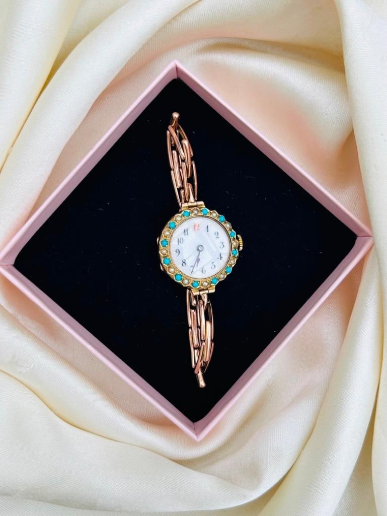 *Antique 9ct Gold Red 12 Watch and Bracelet with Turquoise and Pearl Dial Surround - 8