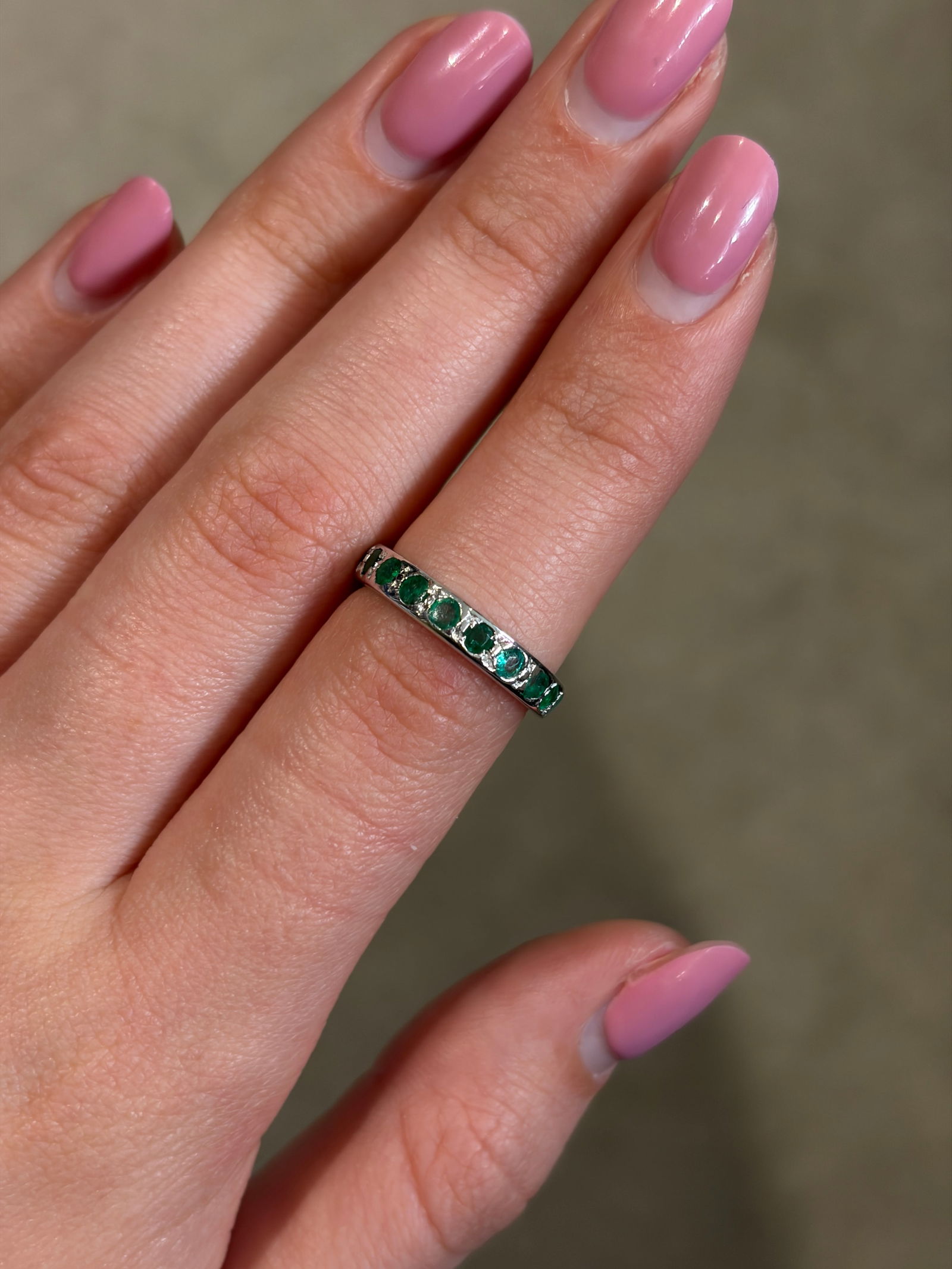 LOVELY PLATINUM EMERALD FULL ETERNITY RING - 7