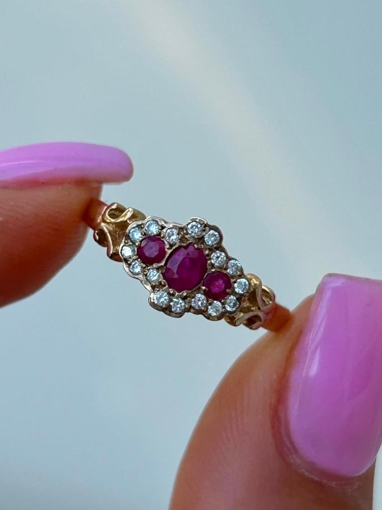 9ct Gold Ruby and Diamond Dress Ring: 9ct Gold Ruby and Diamond Dress Ring the most beautiful ruby and diamond ring!! measurements size UK O US 71/2 head of ring 10mm x 7mm weight 2.31g hallmarked