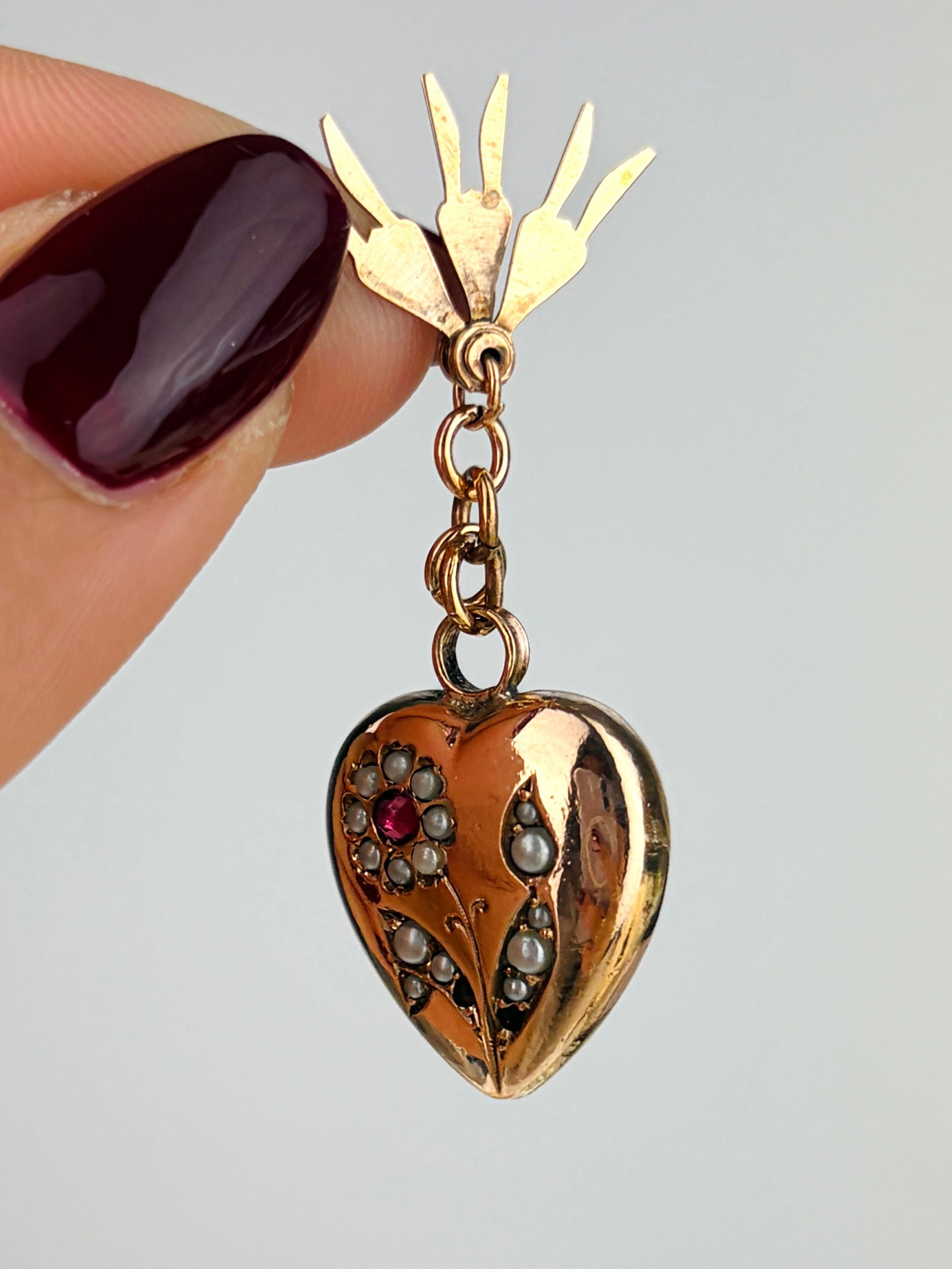 Antique Ruby and Pearl Flower Heart Pendant - 3