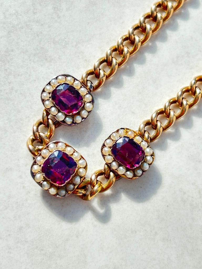 Antique 9ct Yellow Gold Amethyst and Pearl Bracelet with Concealed Clasp and Safety Chain: Antique 9ct Yellow Gold Amethyst and Pearl Bracelet with Concealed Clasp and Safety Chain the most beautiful bracelet measurements length 19cm width 12mm weight