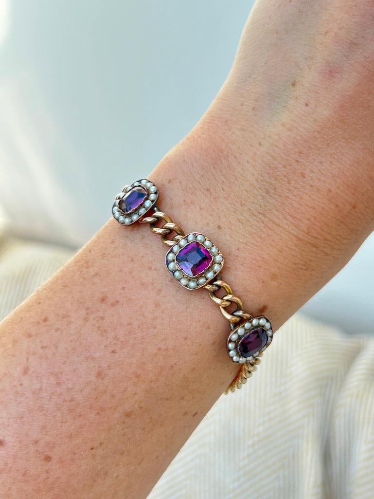 Antique 9ct Yellow Gold Amethyst and Pearl Bracelet with Concealed Clasp and Safety Chain - 2