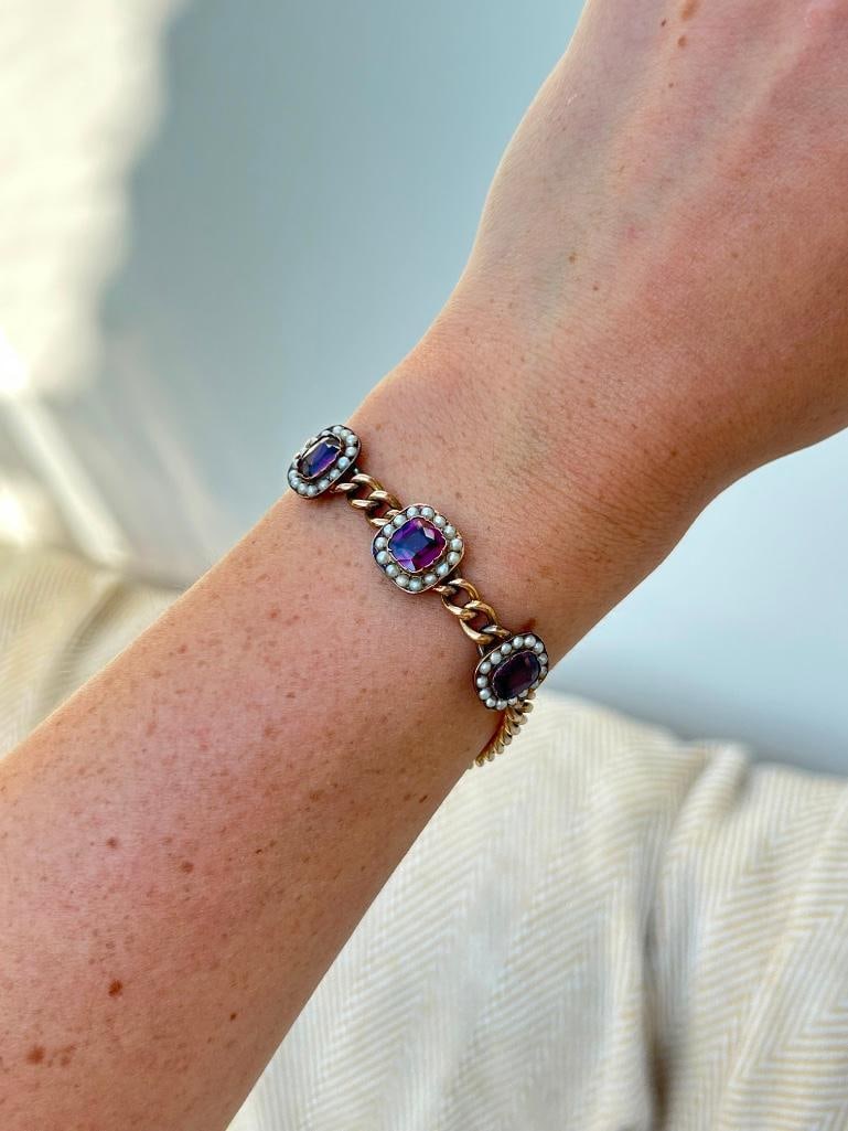 Antique 9ct Yellow Gold Amethyst and Pearl Bracelet with Concealed Clasp and Safety Chain - 3