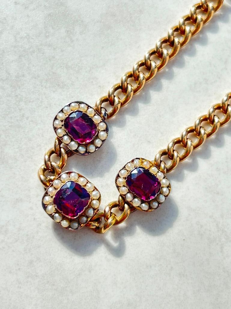 Antique 9ct Yellow Gold Amethyst and Pearl Bracelet with Concealed Clasp and Safety Chain - 4