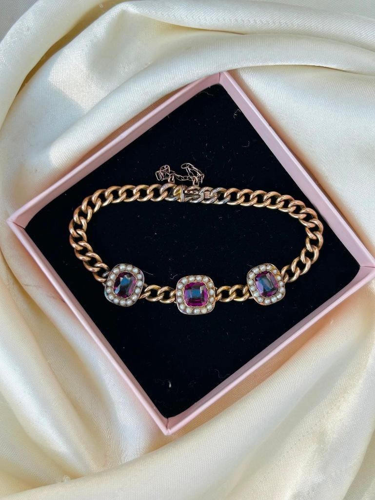Antique 9ct Yellow Gold Amethyst and Pearl Bracelet with Concealed Clasp and Safety Chain - 5