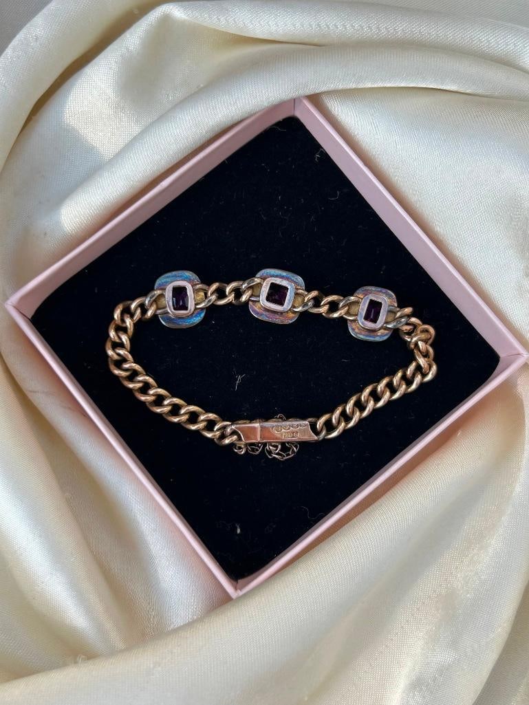 Antique 9ct Yellow Gold Amethyst and Pearl Bracelet with Concealed Clasp and Safety Chain - 6