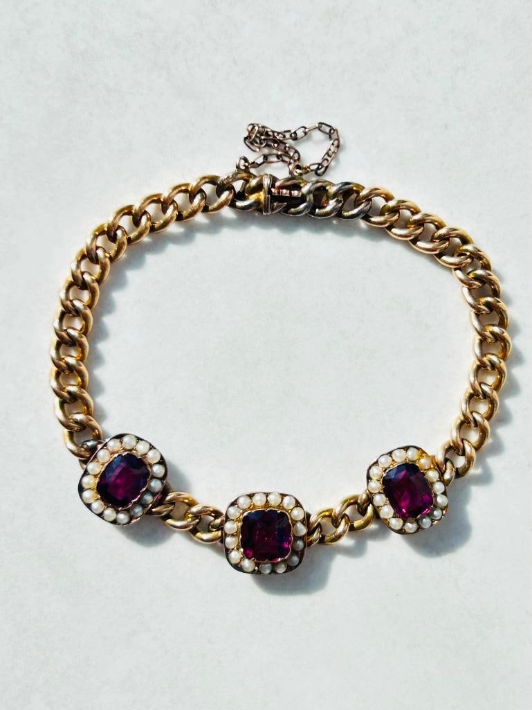 Antique 9ct Yellow Gold Amethyst and Pearl Bracelet with Concealed Clasp and Safety Chain - 7