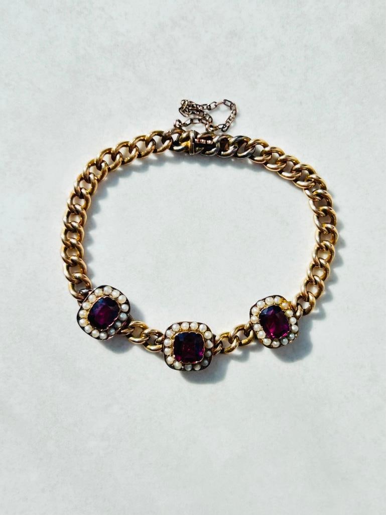 Antique 9ct Yellow Gold Amethyst and Pearl Bracelet with Concealed Clasp and Safety Chain - 8