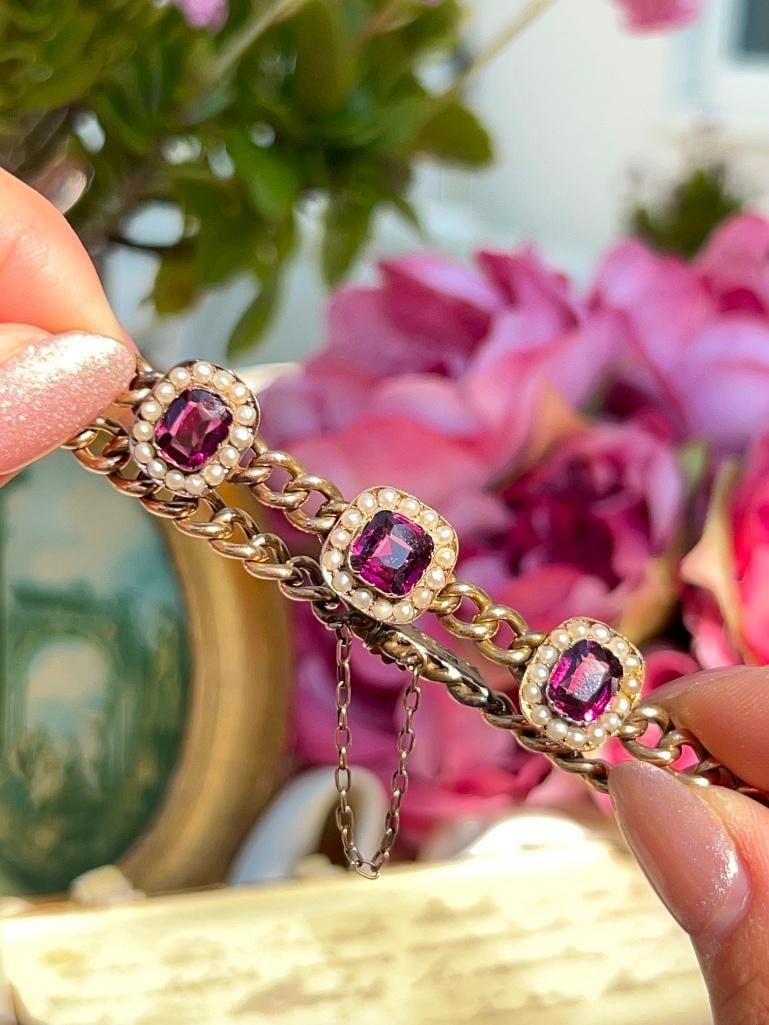 Antique 9ct Yellow Gold Amethyst and Pearl Bracelet with Concealed Clasp and Safety Chain - 9