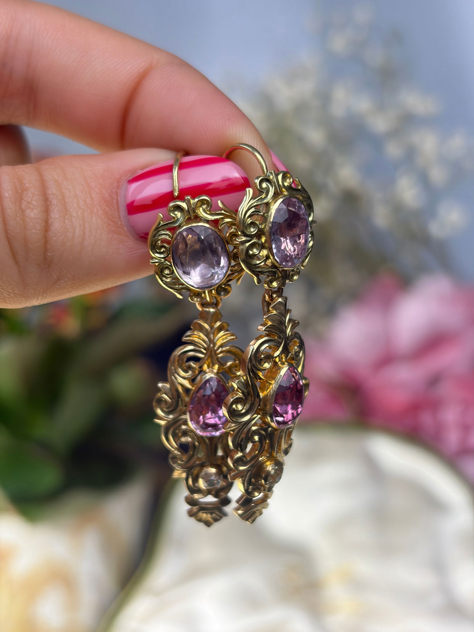 Incredible Antique 18ct yellow gold Amethyst and diamond Boxed Necklace and Earrings Suite - 17