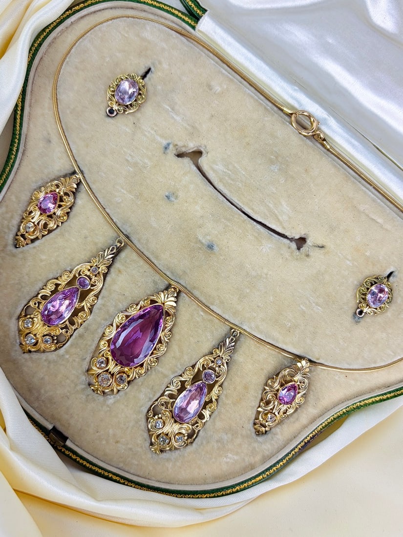 Incredible Antique 18ct yellow gold Amethyst and diamond Boxed Necklace and Earrings Suite (1 of 19)
