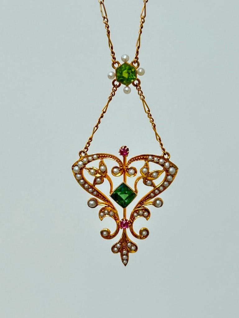 Amazing 15ct Yellow Gold Peridot Pearl and Ruby Pendant - 2