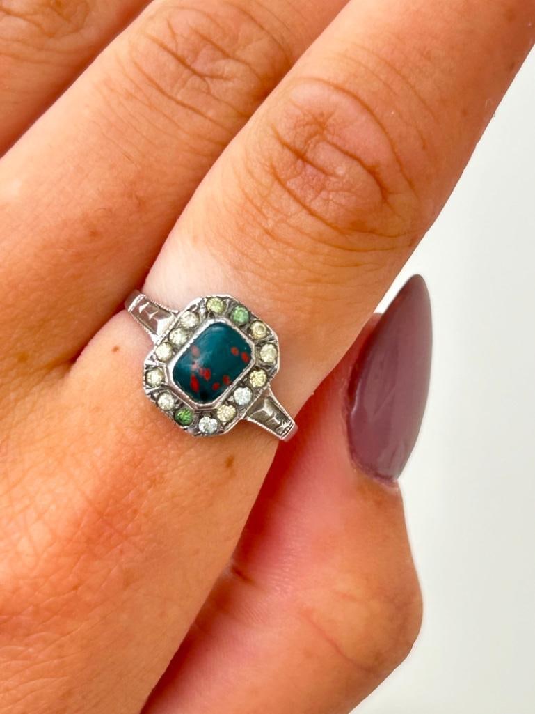 Art Deco Era 9ct Gold and Silver Bloodstone and Paste Ring - 2