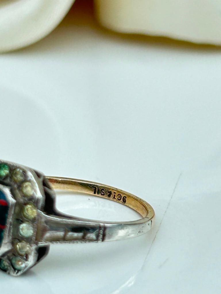 Art Deco Era 9ct Gold and Silver Bloodstone and Paste Ring - 4