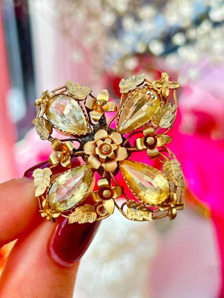 Antique Large Gold and Citrine Floral Brooch: Antique Large Gold and Citrine Floral Brooch the most beautiful detailed citrine floral brooch measurements size 43mm x 43mm weight 8.35g materials gold & citrine