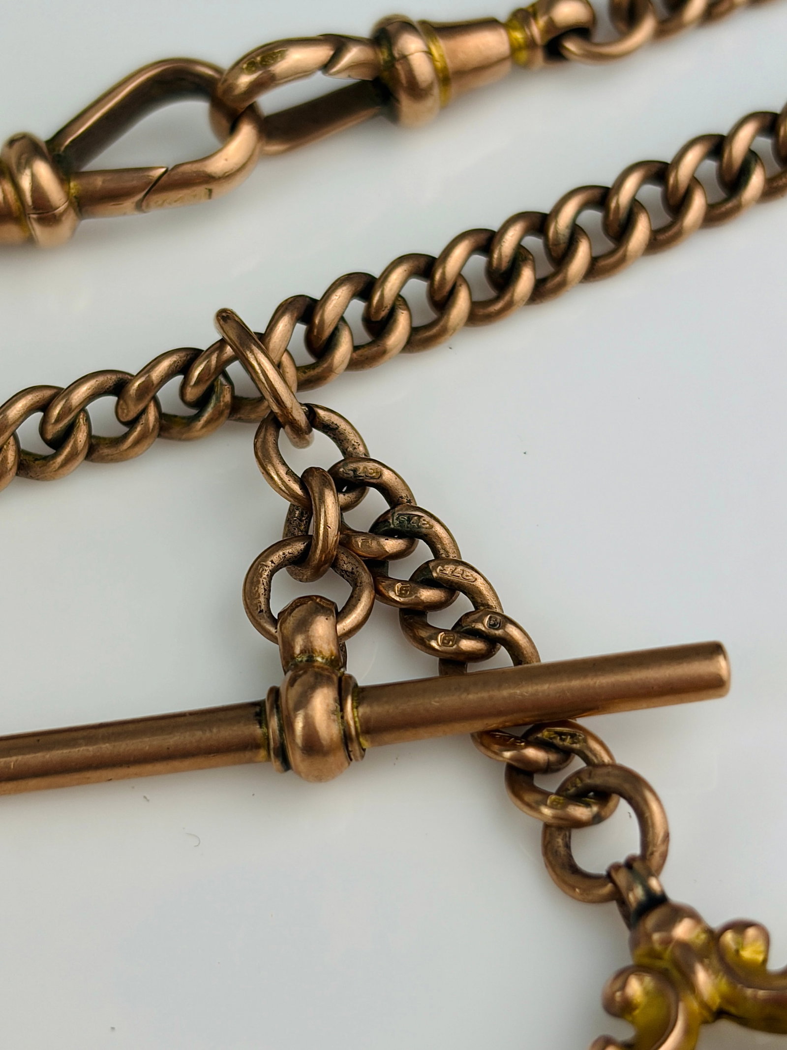 heavy chunky antique 9ct yellow gold double Albert chain with tbar , double dog clips , pendant - 5