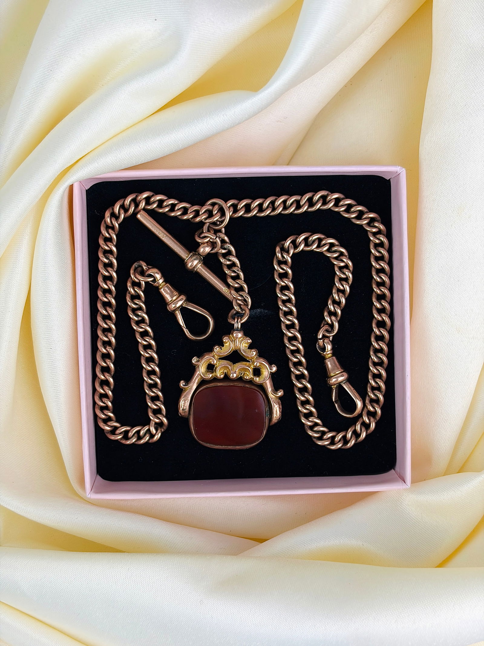 heavy chunky antique 9ct yellow gold double Albert chain with tbar , double dog clips , pendant - 7