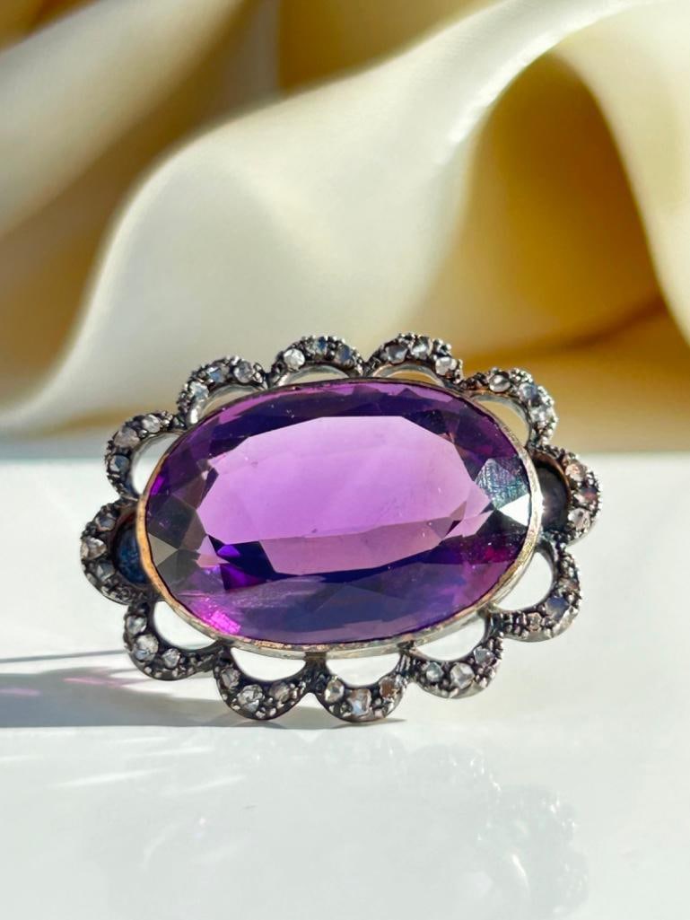 Chunky Antique 19ct Amethyst and Rose Cut Diamond Pretty Brooch in Gold - 5