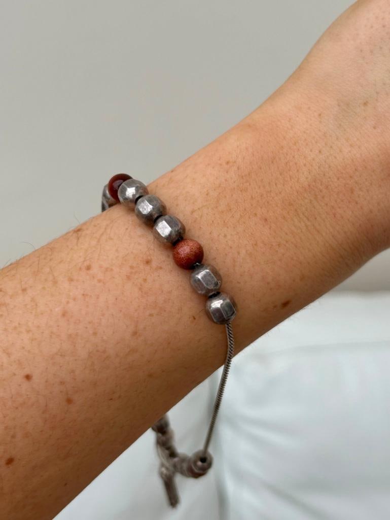 Silver and Gold Stone Beads Bracelet with Heart and Tassel: Silver and Gold Stone Beads Bracelet with Heart and Tassel wonderful beaded bracelet!! measurements length 32cm width 7mm weight 20.38g stamped 925 