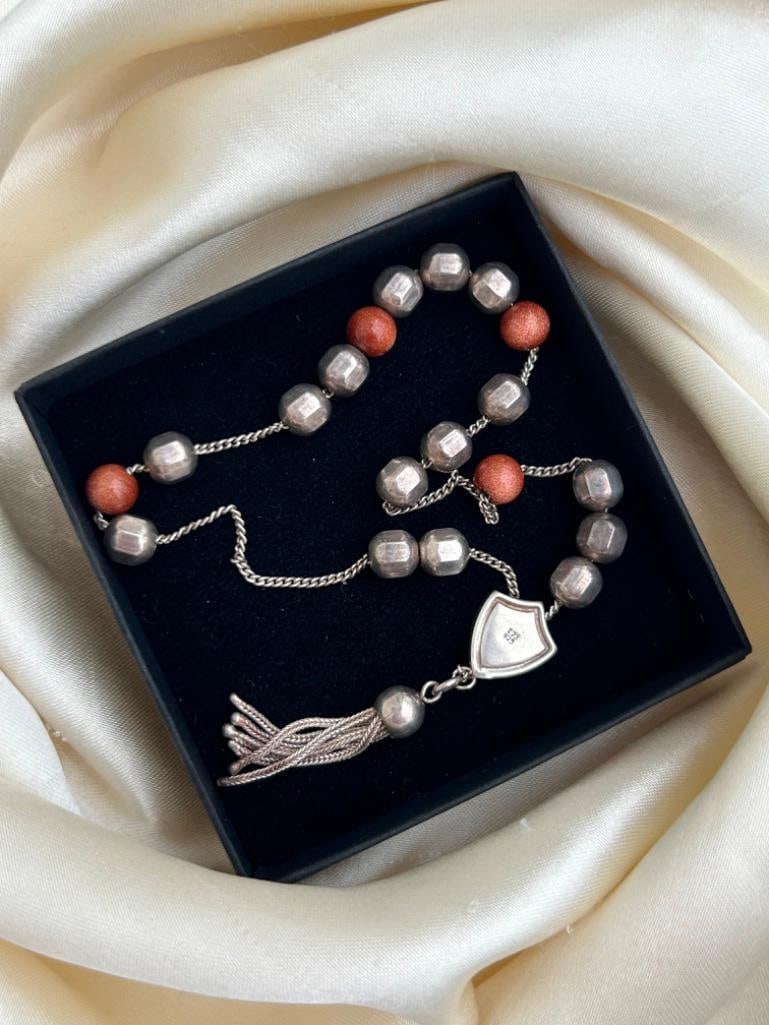 Silver and Gold Stone Beads Bracelet with Heart and Tassel - 3