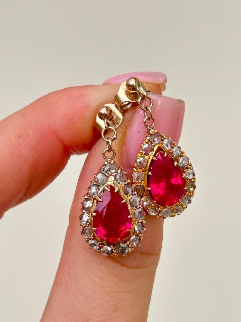 Wonderful Gold Rose Cut Diamond and Synthetic Ruby Pear Drop Earrings - 2