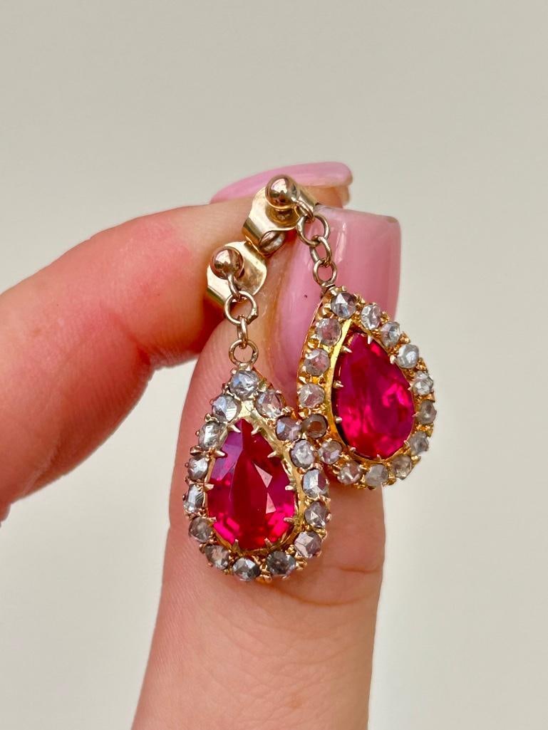 Wonderful Gold Rose Cut Diamond and Synthetic Ruby Pear Drop Earrings - 3