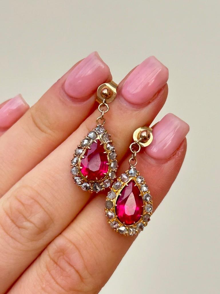 Wonderful Gold Rose Cut Diamond and Synthetic Ruby Pear Drop Earrings - 4
