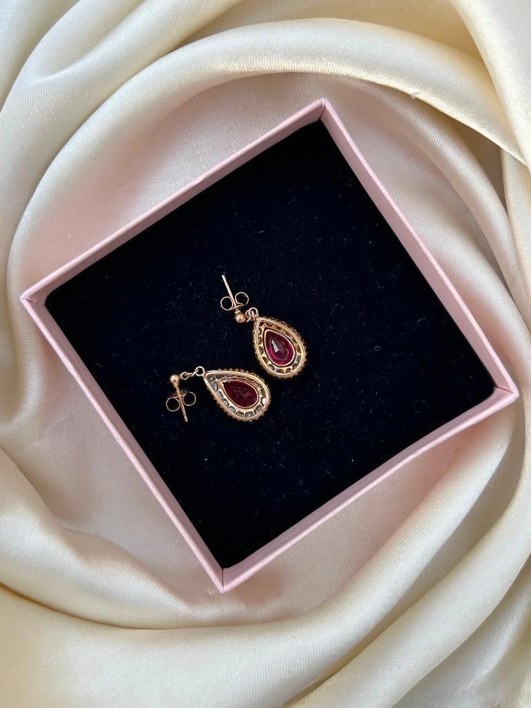Wonderful Gold Rose Cut Diamond and Synthetic Ruby Pear Drop Earrings - 5