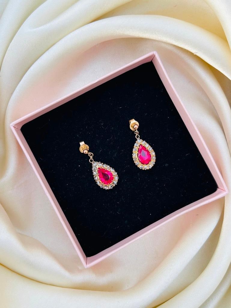 Wonderful Gold Rose Cut Diamond and Synthetic Ruby Pear Drop Earrings - 6