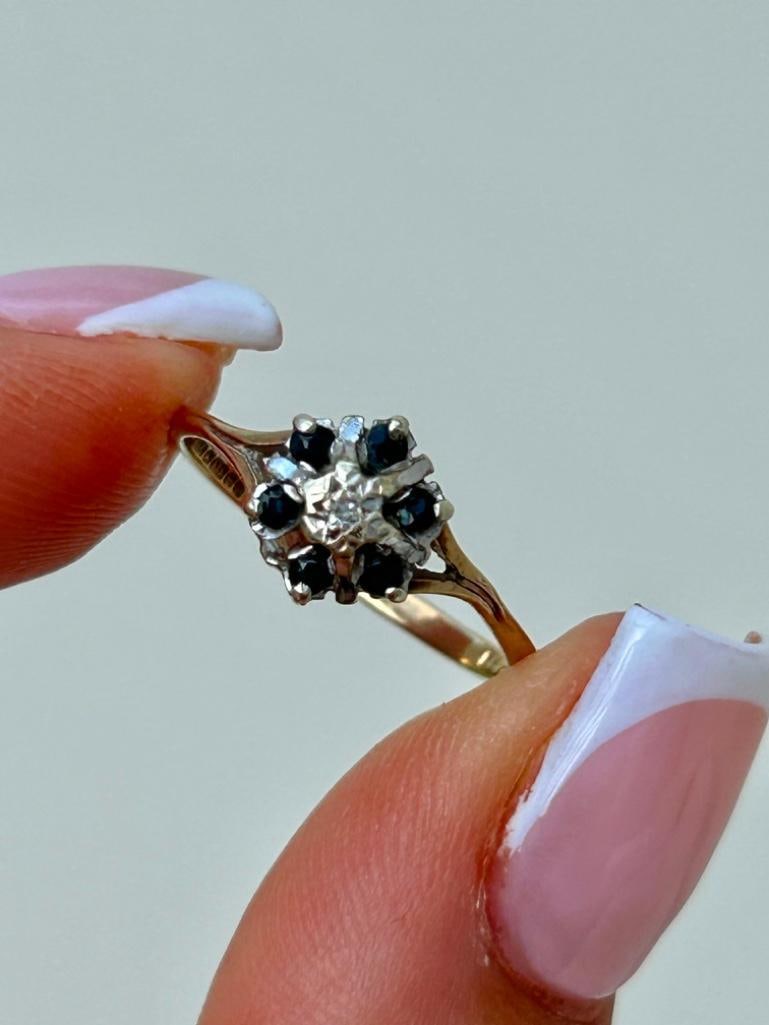 Sweet 9ct Gold Sapphire and Diamond Cluster Ring: Sweet 9ct Gold Sapphire and Diamond Cluster Ring sweet and beautiful!! measurements ring size UK L US 6 head of ring 8mm x 7mm weight 1.55g hallmarked 375 