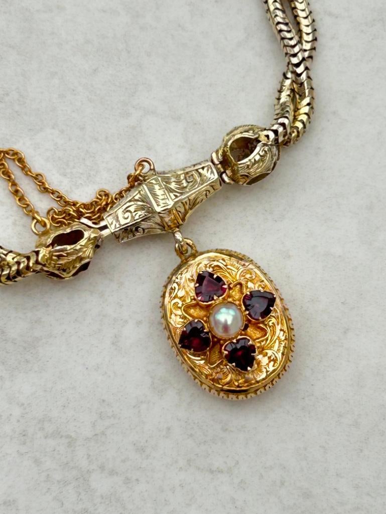 Outstanding Antique Snake Link Bracelet with Garnet and Pearl Locket Back Drop in Antique Fitted Box - 10