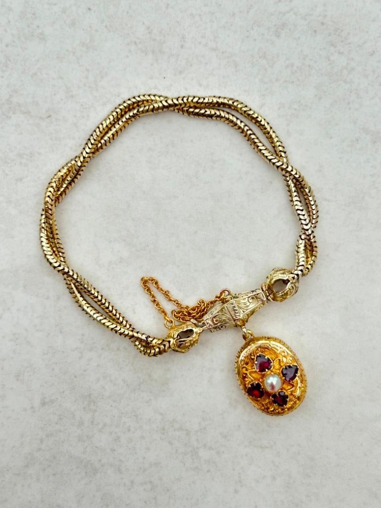 Outstanding Antique Snake Link Bracelet with Garnet and Pearl Locket Back Drop in Antique Fitted Box - 11