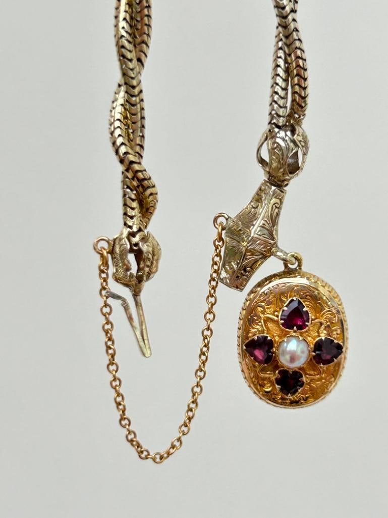 Outstanding Antique Snake Link Bracelet with Garnet and Pearl Locket Back Drop in Antique Fitted Box - 12