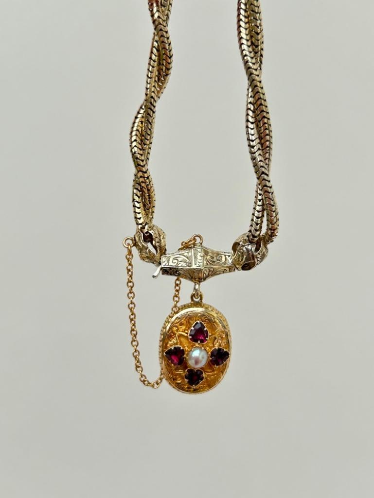 Outstanding Antique Snake Link Bracelet with Garnet and Pearl Locket Back Drop in Antique Fitted Box: Outstanding Antique Snake Link Bracelet with Garnet and Pearl Locket Back Drop in Antique Fitted Box a beautiful detailed bracelet, really lovely measurements length 19cm wid