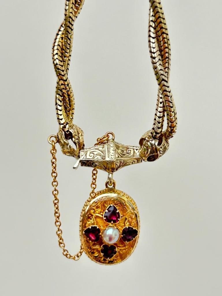 Outstanding Antique Snake Link Bracelet with Garnet and Pearl Locket Back Drop in Antique Fitted Box - 2