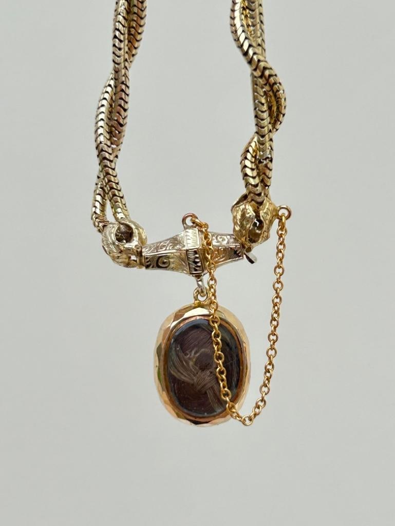 Outstanding Antique Snake Link Bracelet with Garnet and Pearl Locket Back Drop in Antique Fitted Box - 3