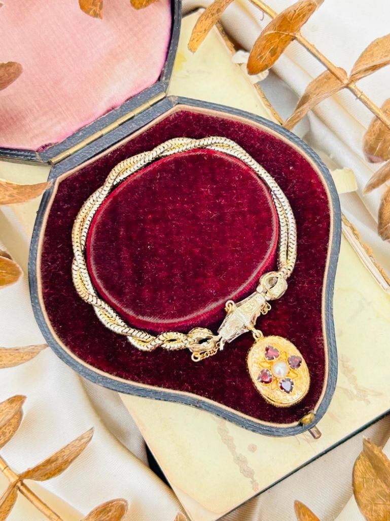 Outstanding Antique Snake Link Bracelet with Garnet and Pearl Locket Back Drop in Antique Fitted Box - 4