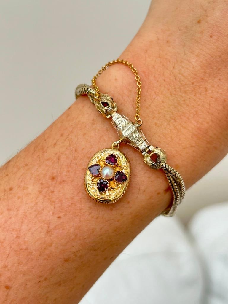 Outstanding Antique Snake Link Bracelet with Garnet and Pearl Locket Back Drop in Antique Fitted Box - 5