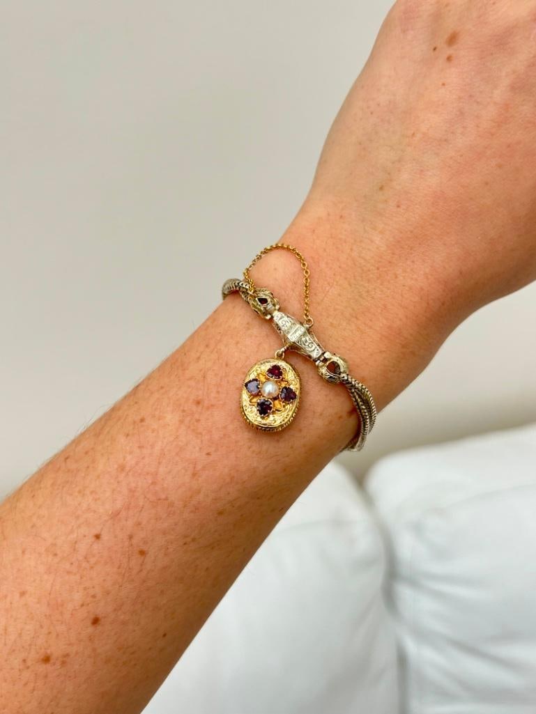 Outstanding Antique Snake Link Bracelet with Garnet and Pearl Locket Back Drop in Antique Fitted Box - 6